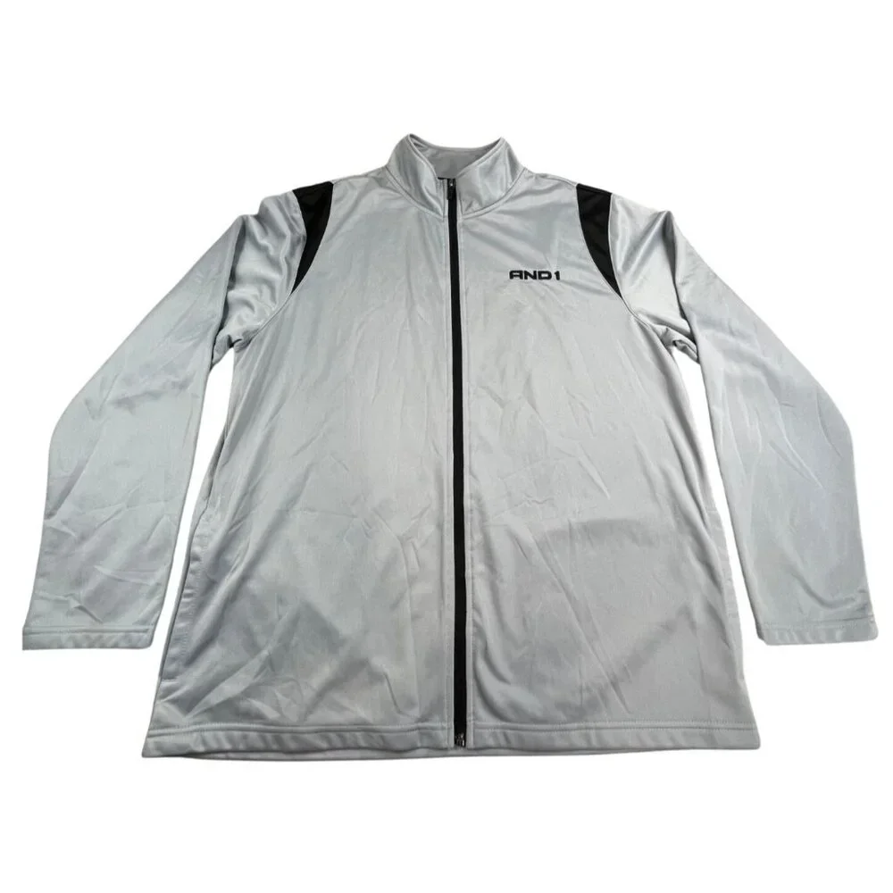 AND1 Jacket Mens XL Gray Full Zip Athletic Warm Up Track Top Basketball Stretch